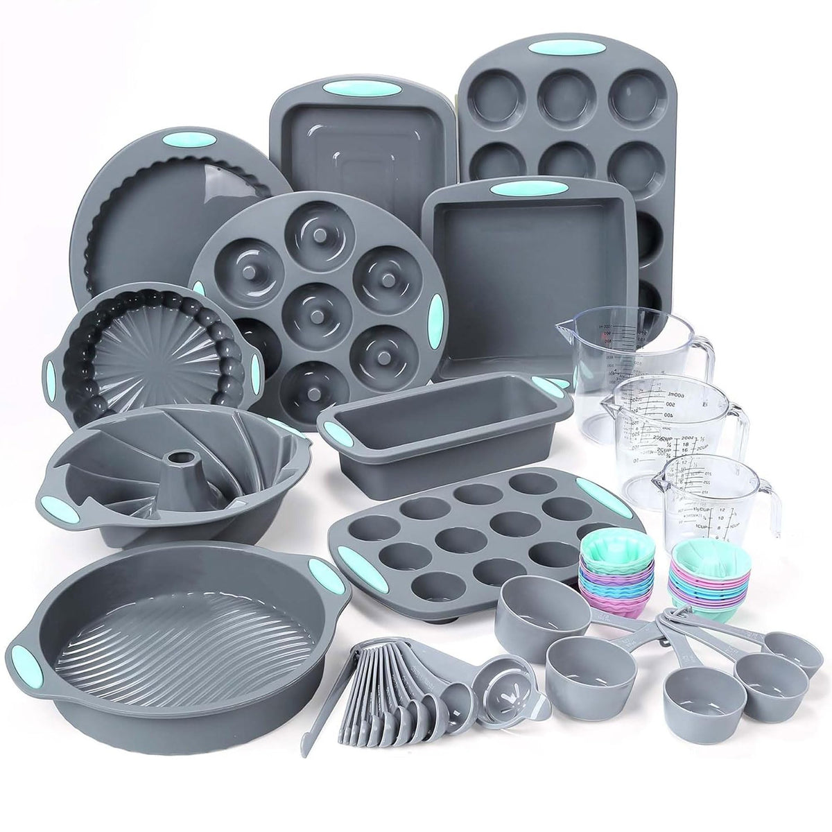 Tongjude 54 Pieces Silicone Baking Pans Set, 10 Silicone Cake Molds, Loaf Pan and Muffin Pans, Non-Stick Baking Cup, with Measuring Cups and Spoons Set, Grey