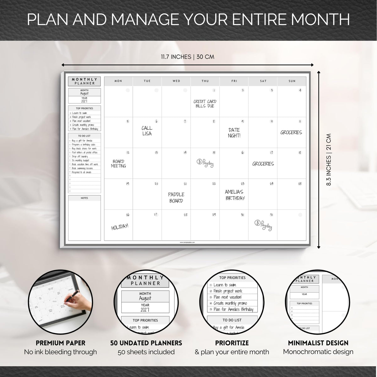 Templatables Monthly To Do List Notepad | Monthly Planner Desk Pad, Brain Dump, Organizer and Priority List | 50 Undated Tear Away Sheets | A4 (Mono)
