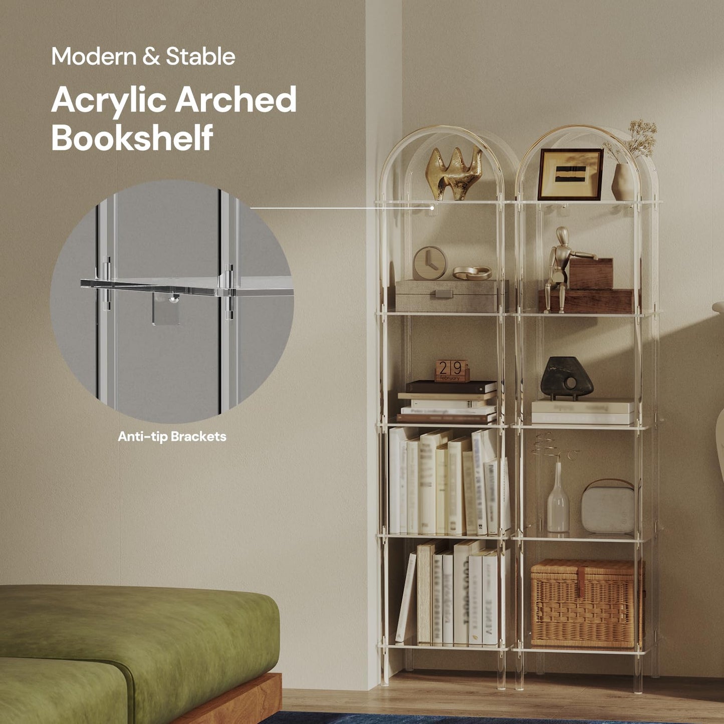 CRTERICX 5-Tier Acrylic Arched Bookcase, Clear Narrow Bookshelf for Small Space, 13.8''W x 11.8''D x 57.1''H, Open Display Book Shelves for Home Office, Living Room, Bedroom, Modern