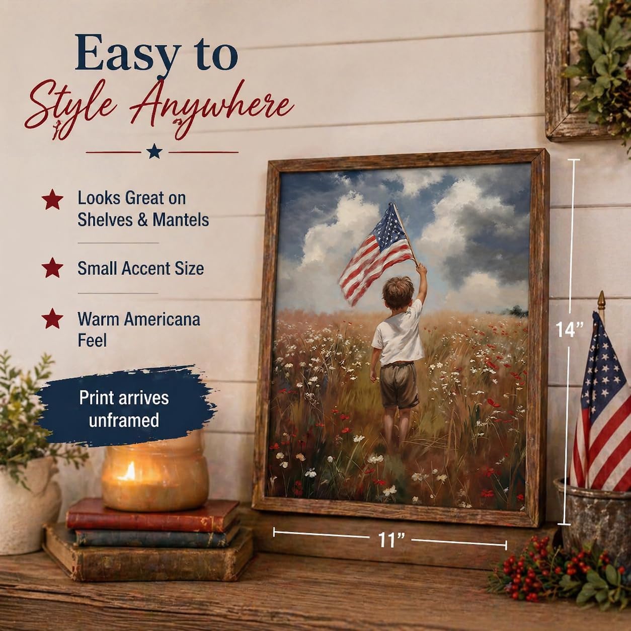 America the Beautiful Painting-11x14 Unframed Poster- Boy Holding American Flag in Meadow of Wildflowers, 4th of July Living Room or Kids Room Decor, USA Freedom Landscape, Youthful Patriotism Artwork