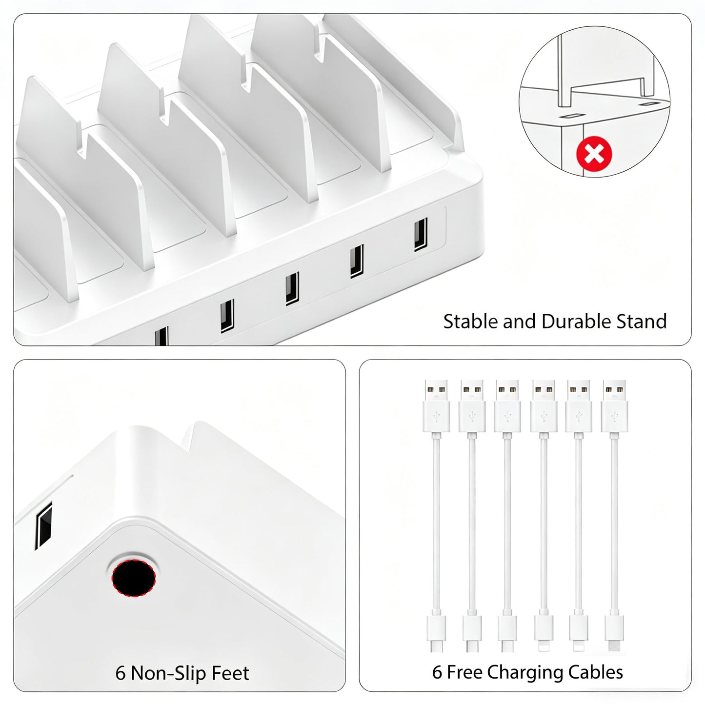 Charging Station for Multiple Devices, 6 Port USB Desktop Charger Dock Compatible with iPad, Samsung, Android, Tablet, Family Multi Phone Charging Organizer with Divider Holders, Fireproof ABS (White)
