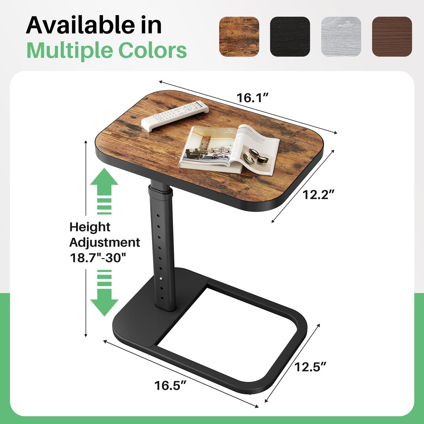Kitstorack Adjustable Height C-Shaped End Table, 9-Level Side Table with Metal Rounded Edge, Couch Table that Slides Under Sofa or Bed for Eating, Working, and Drinks, TV Tray for Small Spaces, Brown