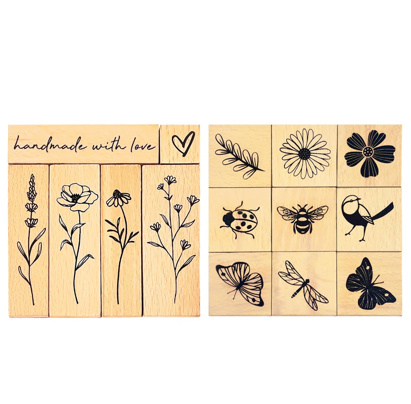 Wissppoott 15 Pcs Vintage Wood Rubber Stamp Set - Antique Butterfly, Floral, Plant, Ladybug& Bird Stamps for DIY Scrapbooking, Craft Cards, Gift Wrapping & Journal Art