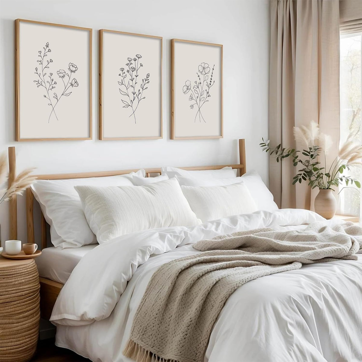3Pcs Flower Line Canvas Wall Art Neutral Botanical Black and White Flower Painting Picture Wall Decor Minimalist Plant Poster Print Artwork for Living Room Bedroom Office Home Decoration Unframed