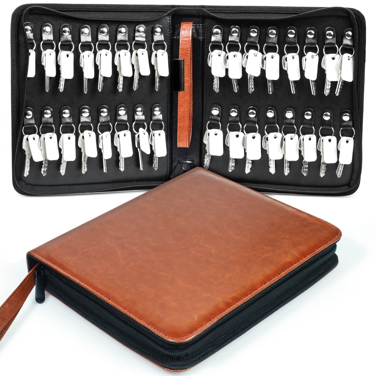 Portable Zippered Key Case, Leather Key Organizer with Handle, 32 Key Capacity, for Real Estate Sales, Hotel Executives, Car Service (Brown)