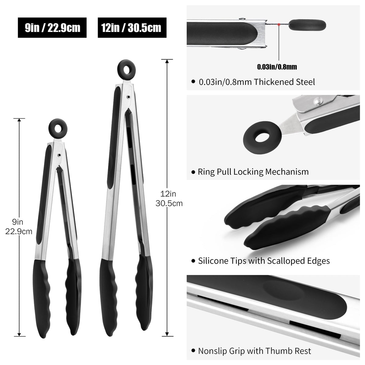 Doosu Kitchen Tongs for Cooking - 600°F Heat Resistant Food Tong Set with Non-Scratch Silicone Tips, Heavy Duty Stainless Steel Locking Tong for BBQ, Grilling Steak, Serving Salad (9+12in, Black)