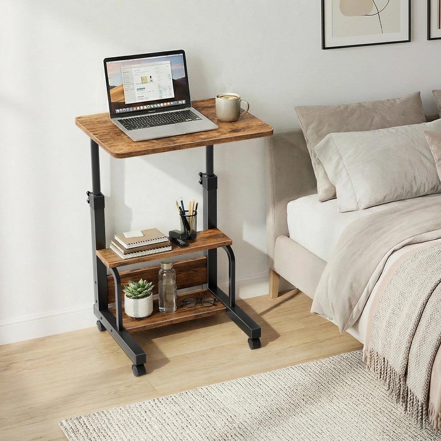 WINAZ C Shaped Rolling Laptop Desk - 24" Rustic Brown Mobile Kids Desk with Wheels for Small Spaces, Height Adjustable Overbed Table with 2-Tier Storage Shelves
