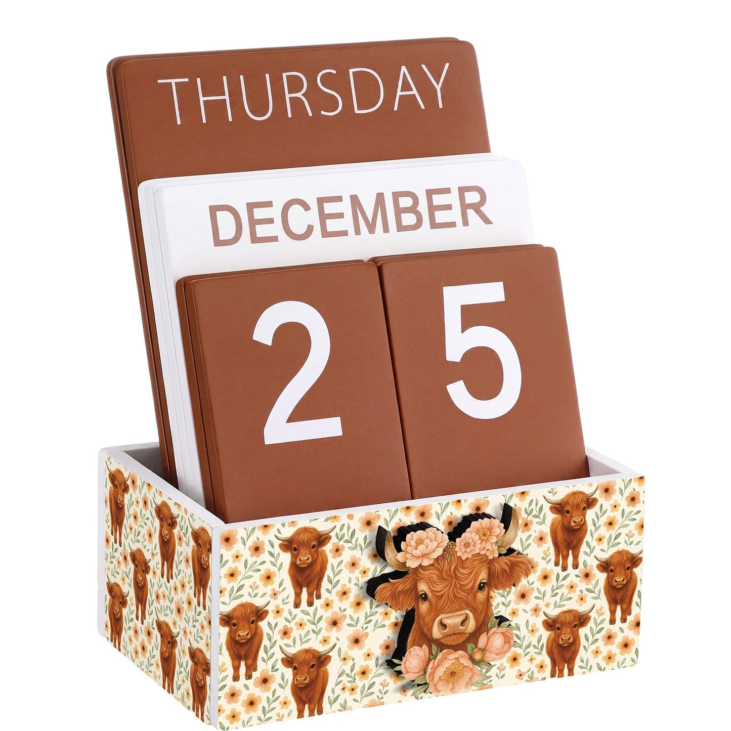 AceOrbit Highland Cow Wood Block Perpetual Calendar Coquettish Desk Decor Cute Month Week Date Display Decorative Block Calendar for Women Office Home Desk Gift for Women