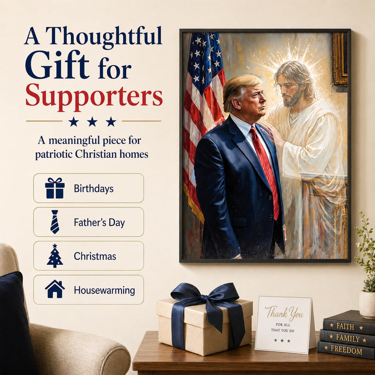 The Grace of God: Jesus & Trump Inspirational Painting 11x14 Unframed Poster - Religious Art Faith Leadership MAGA American Flag Patriotic Artwork for Home Office, Living Room, Conservative Christians