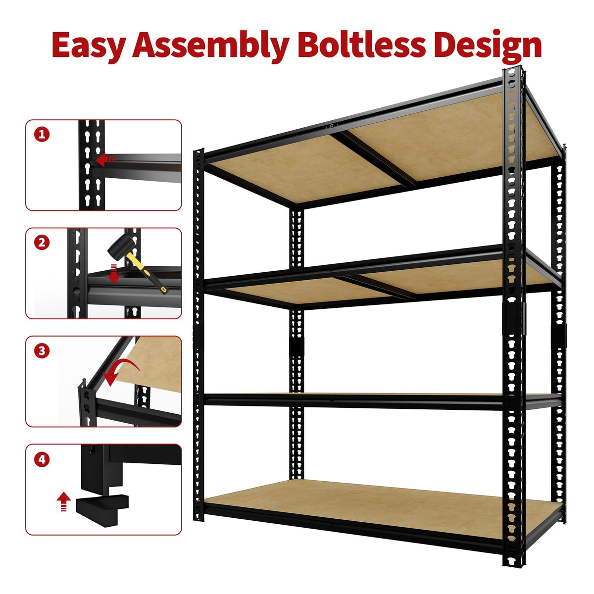 Heavy Duty Metal Storage Shelves, Adjustable 4-Tier Garage Shelving Unit with Eco-Friendly MDF Wood Board, 48" L x 24" W x 59.8" H, 640 lbs Load Capacity Per Shelf, Black, Ideal for Warehouse Storage
