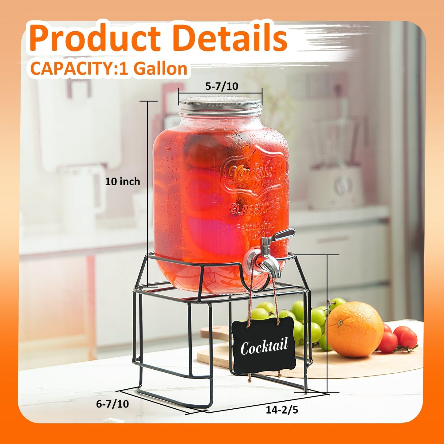 1-Gallon Glass Drink Dispenser for Parties - Beverage Dispenser with Stand and Stainless Steel Spigot | Lemonade, Sun Tea, Kombucha Jar