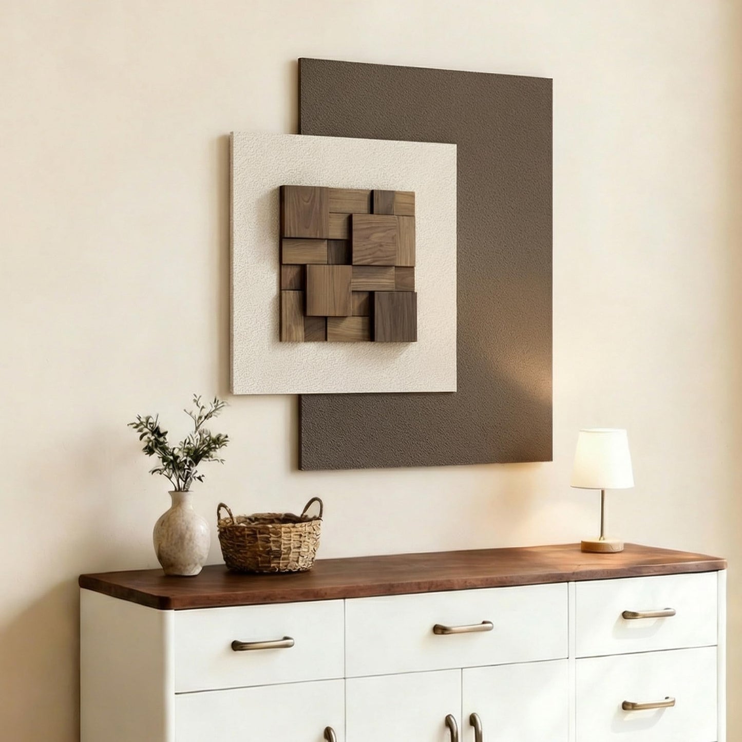 Vaskuro Extra Large 3D Wood Textured Neutral Art, Modern Minimalist Abstract Artwork for Living Dining Room, Handmade,Sandstone Layered, Organic home Office Brown Beige Cozy Wall Decor, 29x31.5in