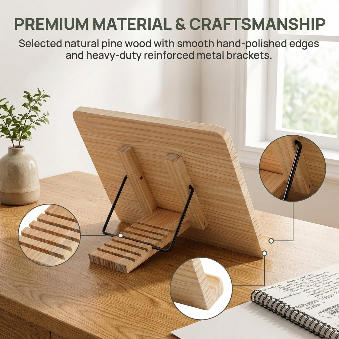 Reading Rack Wooden Bookshelf - Book Stand Foldable with 8 Adjustable Positions and Page Clips,Suitable for cookbooks、iPads、laptops、Sheet Music、and Reading Stands (13.4x9.45inch)