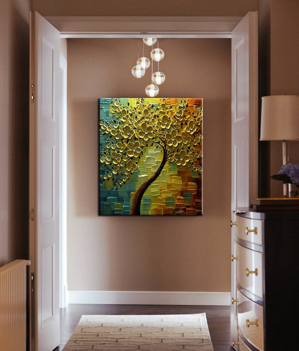 YaSheng Art - hand painted Wall Art, Modern Abstract 3D Textured Wall Art ,Golden Floral Oil Paintings ,Wall Art for Living Room, Bedroom Wall Decor, Framed Wall Art,Office Home Wall Decor Artwork 24x24inch