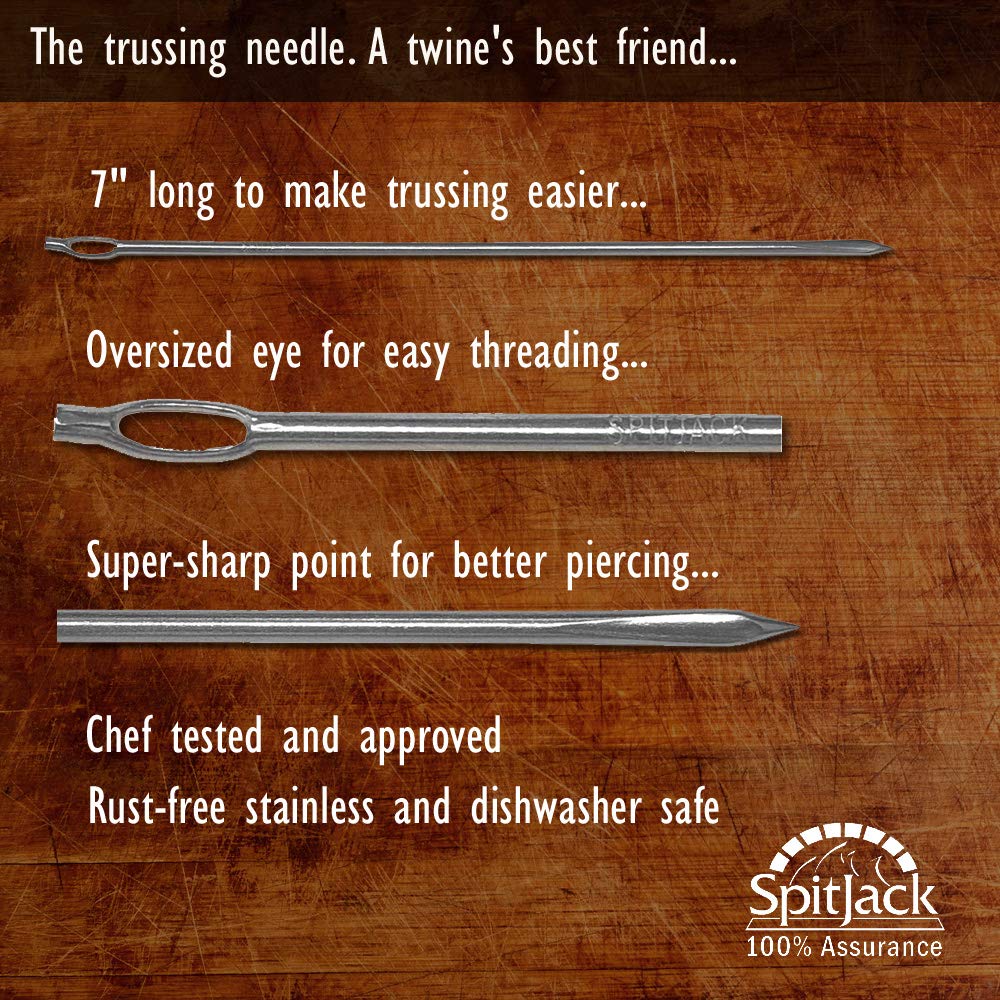 SpitJack Meat Trussing Needle and Butchers Cooking Twine Kit for Sewing Up Whole Hog, Pig, and Roasting Chicken and Turkey. 7 Inch Stainless Steel Needle and 185 Feet of Cotton Kitchen String.