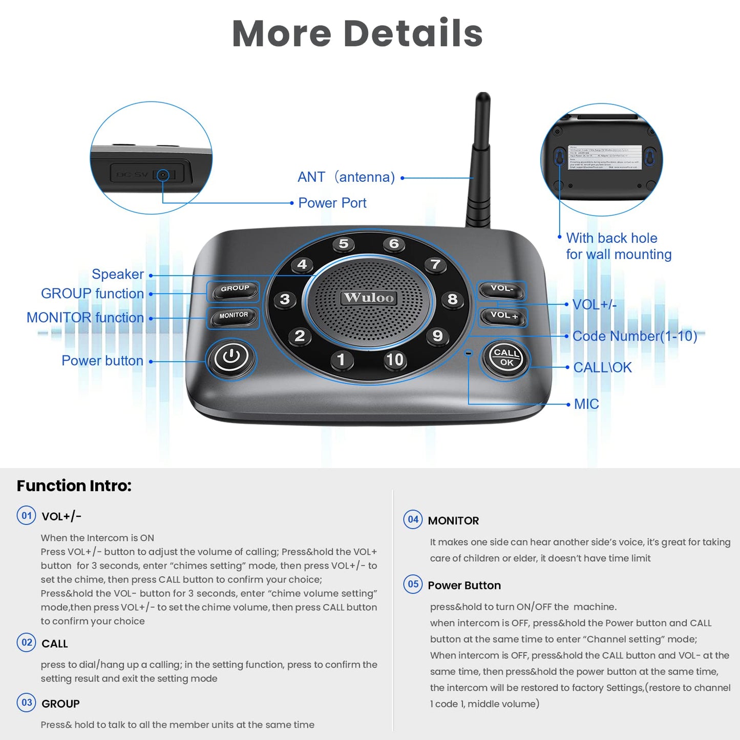 Hands-Free Two Way Intercoms Wireless for Home Business, Wuloo Upgrade Audio Intercom System for Elderly, Full Duplex Room to Room Intercom with 5280 ft Range Clear Sound Anti-Interference, 3-Pack