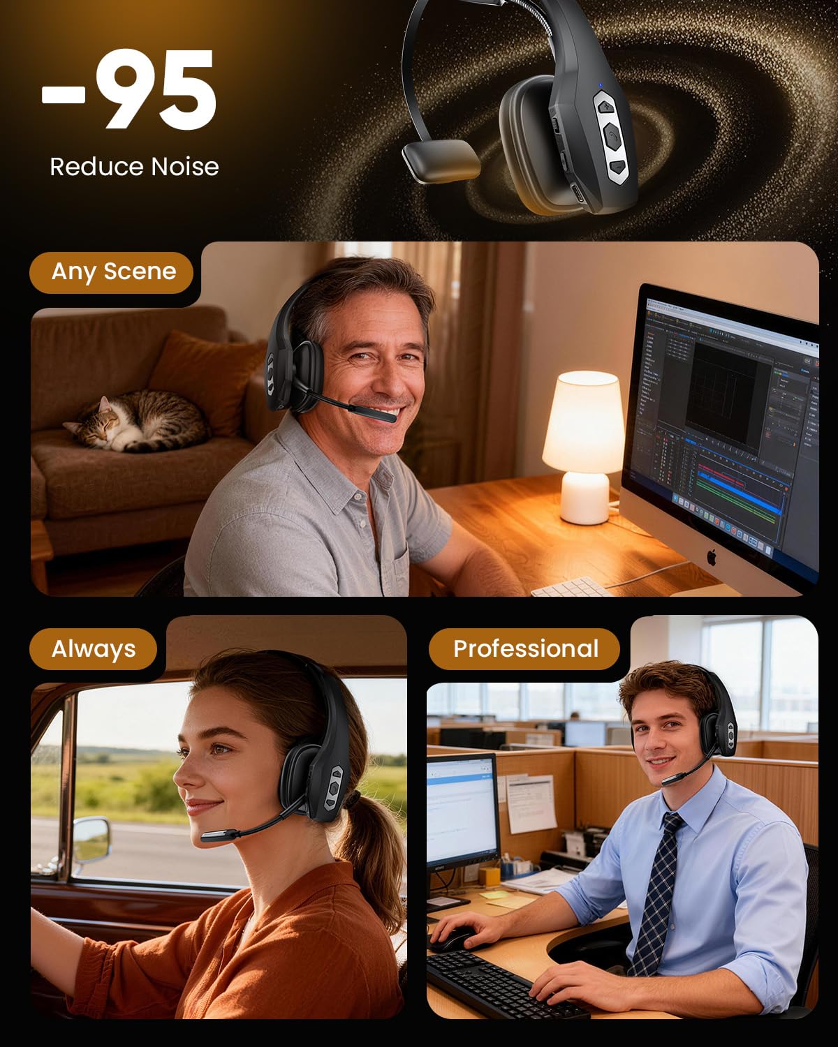 OTYHVV Trucker Bluetooth Headset with Charging Base, Wireless Hands-Free Headset with Noise Canceling Mic & Mute Button, 56Hrs Working Time PC Headsets for Cell Phones, Computer, Truck Driver