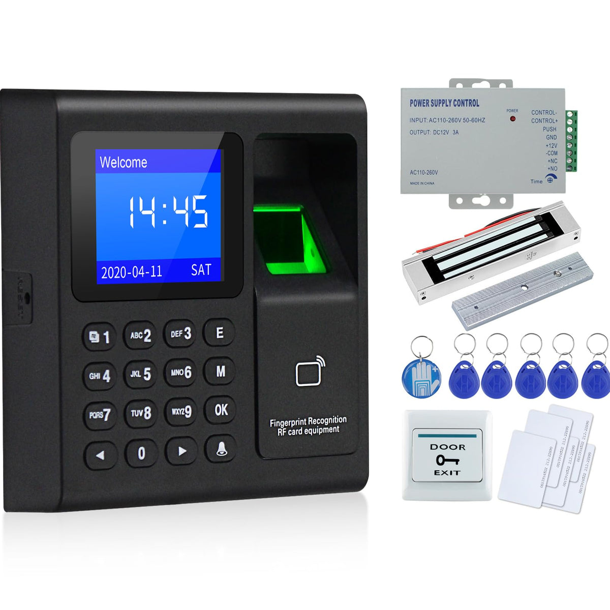 OBO Hands Full RFID Door Lock Access Control Fingerprint Keypad +180KG Electric Magnetic Lock+Power Aupply+Exit Button +Door Bell+5 Cards+ 5 keyfobs + Epoxy Tag