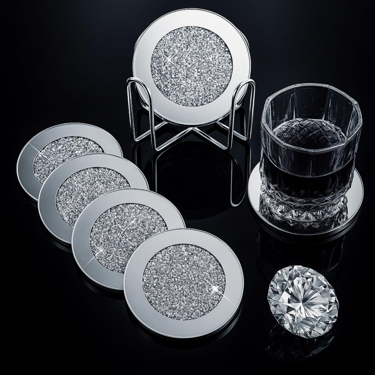 Jetec Mirrored Glass Coaster Set of 6 with 1 Holder 4" Crushed Diamond Round Cup Mat Glitter Crystal Rhinestone Glass Coaster Bling Table Decor for Bar Kitchen Gift for Christmas(Silver,4 Inch)