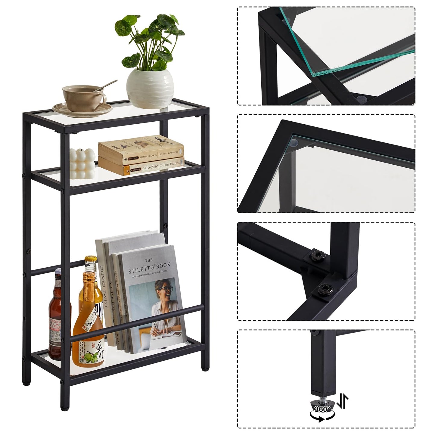 IBUYKE Narrow Side Table with Storage Shelf, 3 Tier Slim End Table,Modern Sofa Table, Small Nightstand, Telephone Table for Small Spaces,for Living Room, Bedroom, Black UTMZ002B