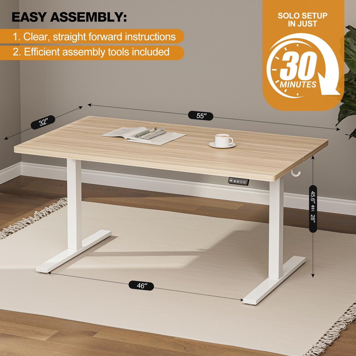 Grandder 55x32 Large Electric Standing Desk, Height Adjustable Computer Desk with 2 Memory Presets, 31.5" Deep Desktop Sit Stand Desk Home Office Desk Workstation Table with Hooks, Light Walnut