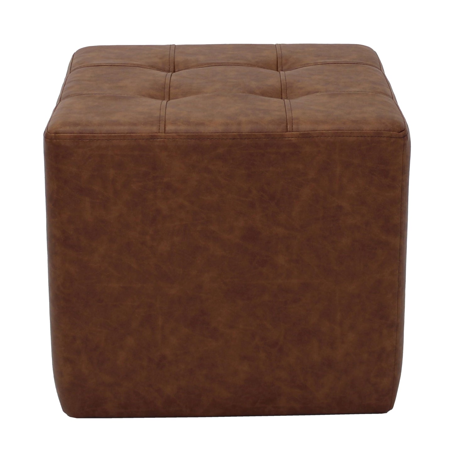 Factory Direct Partners Tufted Square Accent Ottoman; Distressed Faux Leather, Hand Upholstered Commercial-Grade Furniture for Home or Office; Seating, Footstool, Side Table Use - Hazelnut, 13381-322