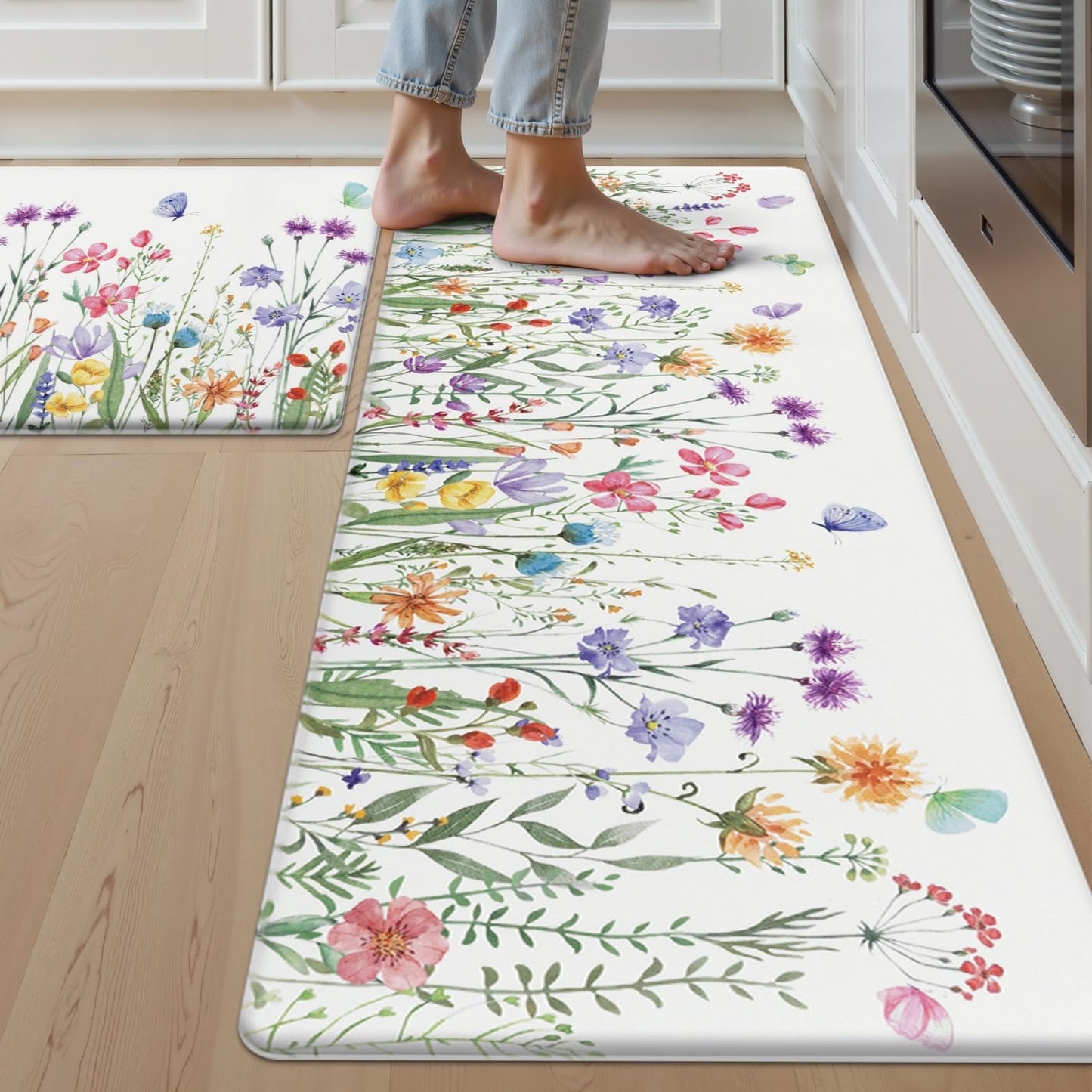 SHACOS Spring Kitchen Rugs Set of 2 Anti-Fatigue Kitchen Mats Floral Rugs White Cushioned Mats with Colorful Flowers Butterfly 17x27.5+17x47, Spring Flowers