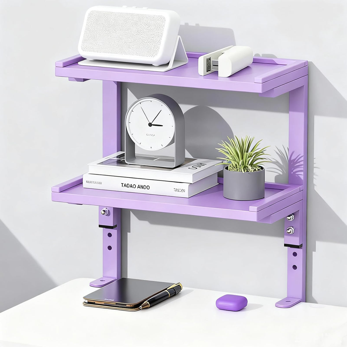 OUTIOE 2-Tier Desk Shelf, Expandable Under Desk Storage, Clamp on Desk Shelf, Desktop Accessories for Offices, Study Rooms, and Game Rooms (Purple)