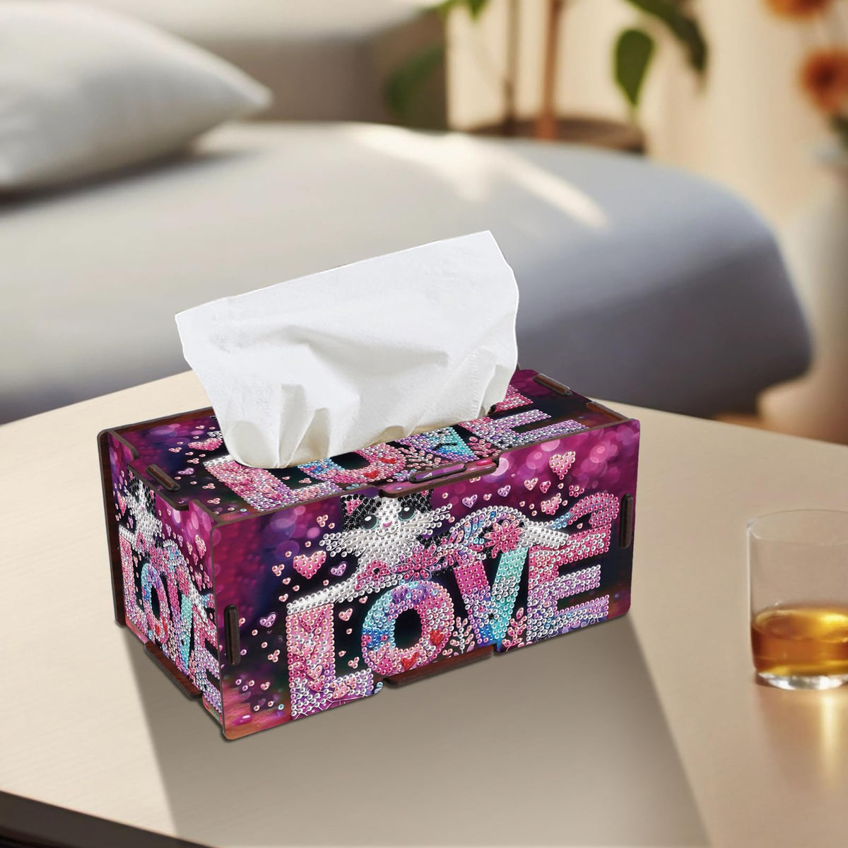 Diamond Painting Tissue Box Cover – Love Letter & Cat Design Wooden DIY Rhinestone Diamond Art Kit, Cute Handmade Craft Tissue Holder for Desktop Home Office Decor
