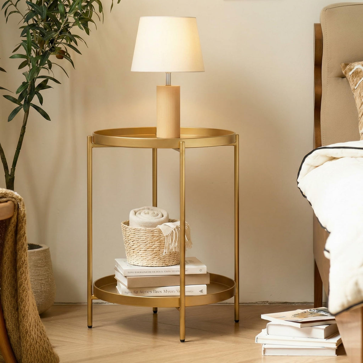 TeoKJ 2 Tier Gold Side Table, Folding Round Metal End Table Small Nightstand with Two Removable Tray for Bedroom Living Room Small Spaces Bedside Gold