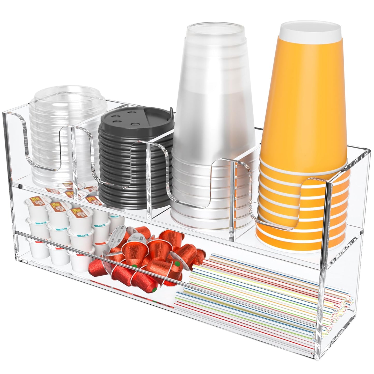 Beego 5-Compartment Cup Holder for Countertop - 2-Tier Clear Acrylic Cup Dispenser Coffee Station Paper Cup and Lid Organizer Condiment Storage for Restaurant Breakroom Kitchen Bar Accessories