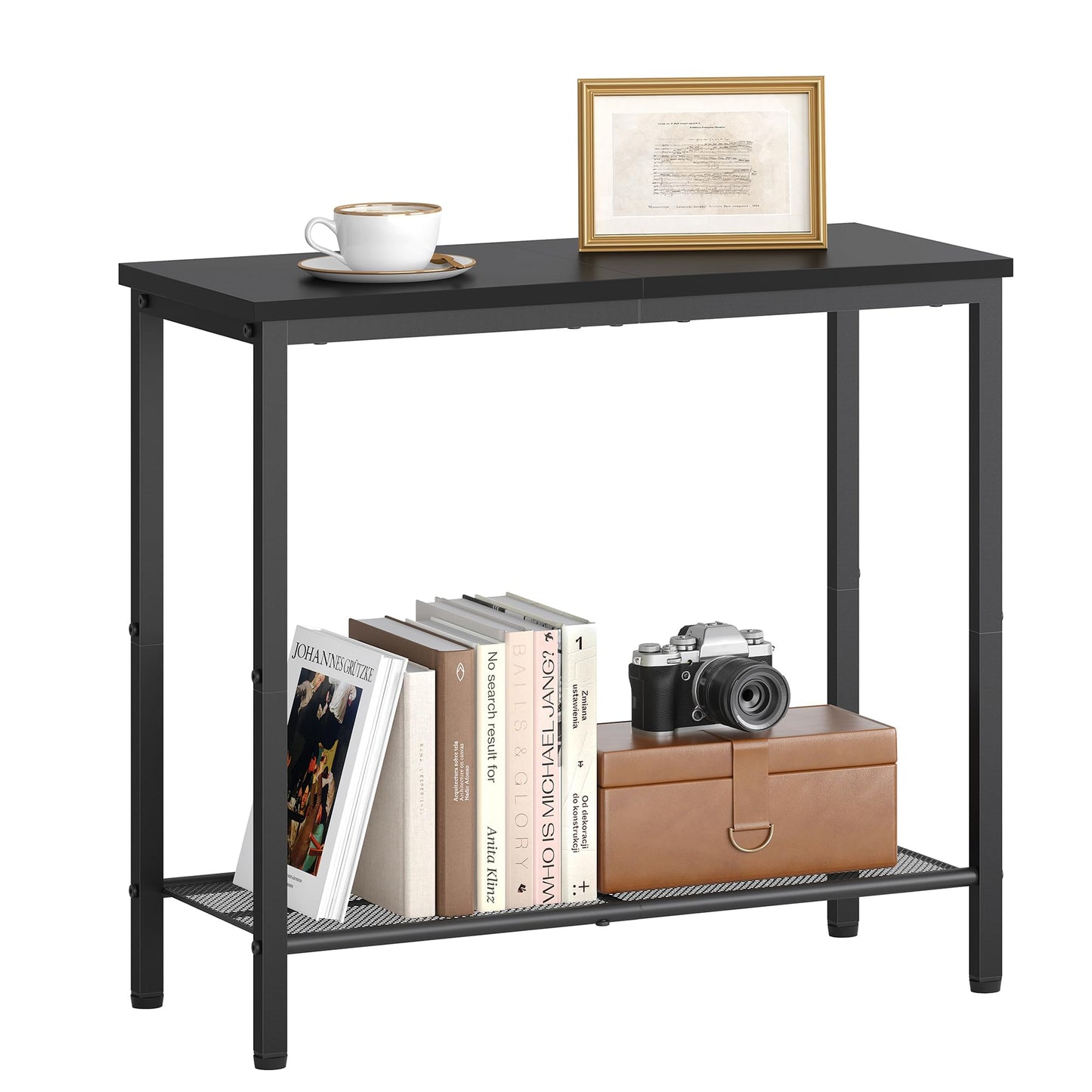 Hoctieon 2 Tier End Table, Sofa Side Table, Narrow Side Table with Storage, Slim Nightstand for Small Spaces, Metal Frame, for Living Room, Bedroom, Sofa Couch, Hall, Black