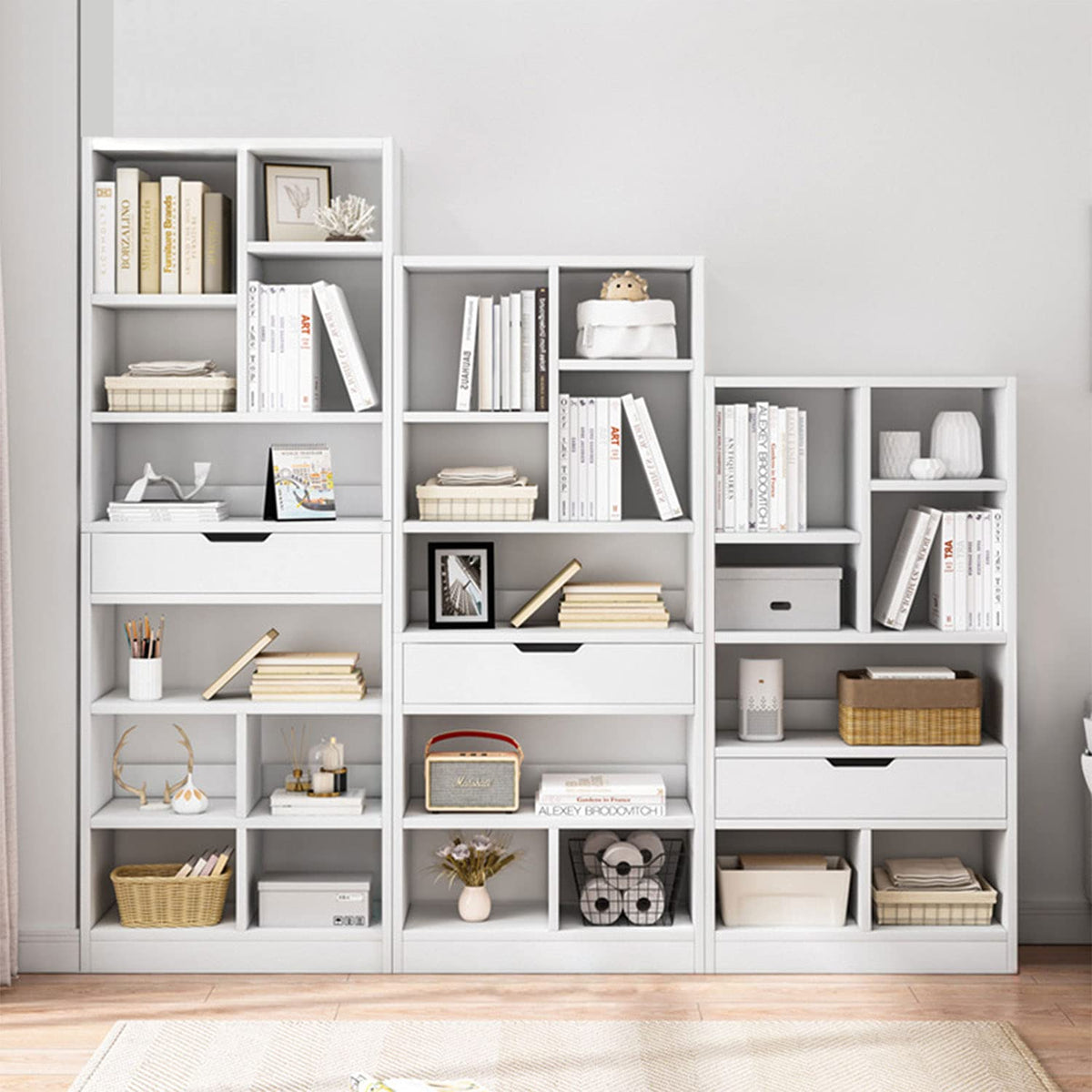 IOTXY Wooden Open Shelf Bookcase - 51 Inches Height Freestanding Display Storage Cabinet Organizer with 7 Cubes and a Drawer, Floor Standing Bookshelf in Warm White