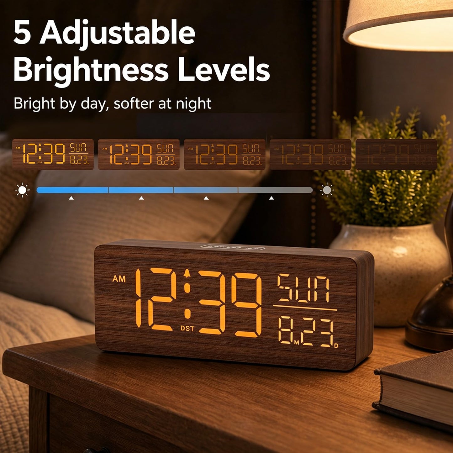 Peakeep Wooden Digital Alarm Clock Large Display, Textured Desk Table Decoration for Bedroom, Living Room, Plug in Clock with Time Date Day, 5 Brightness, Auto DST
