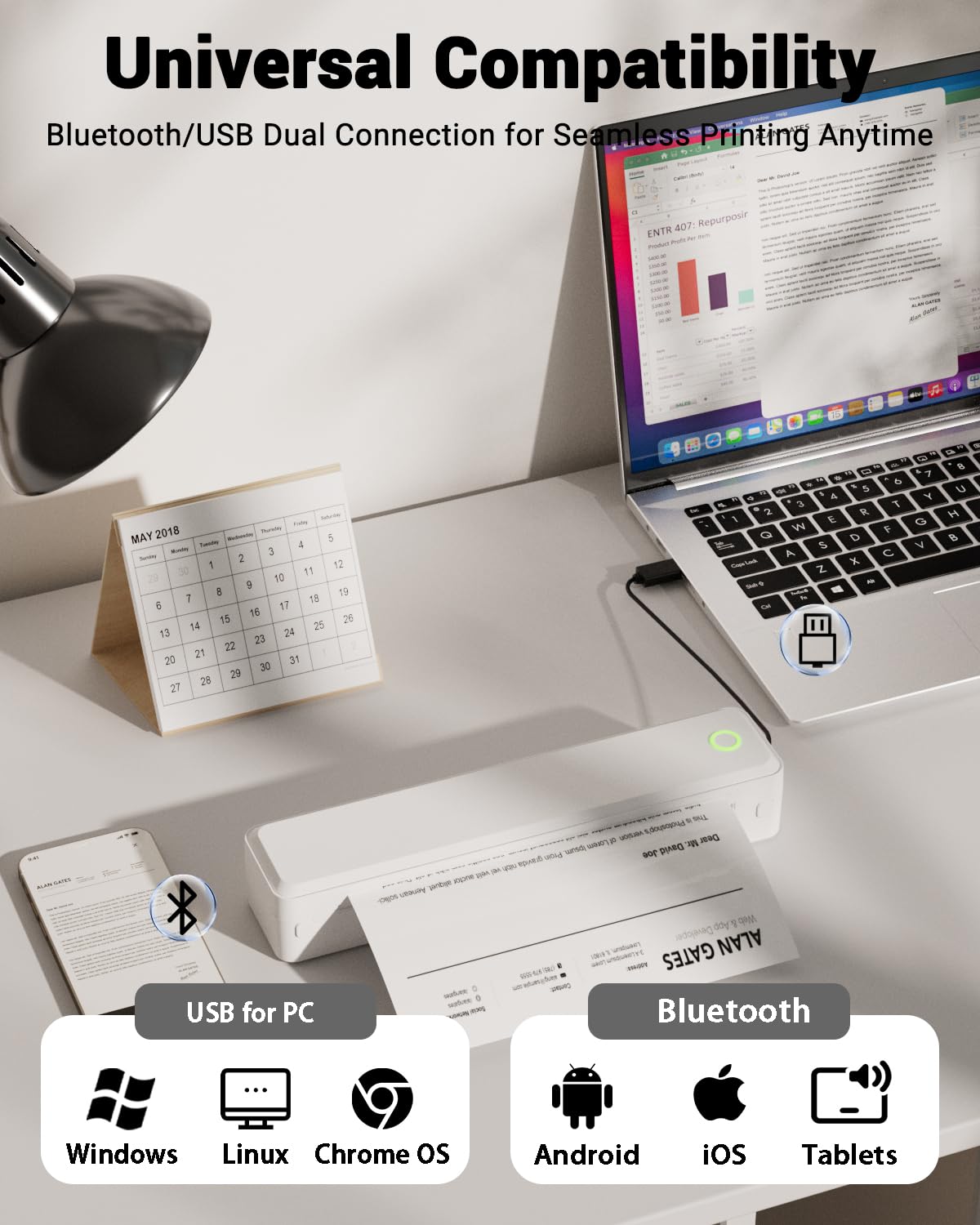 Labeer Portable Wireless Thermal Heat Small Printer 8.5 x 11 Inch Letter A4 Support, Inkless Simple Tiny Mobile Bluetooth Printer for Phone Laptop Travel Home Office