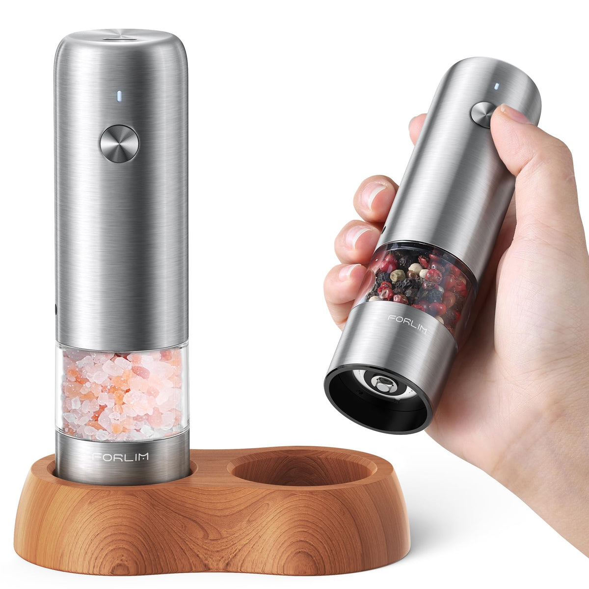 FORLIM Mini Electric Salt and Pepper Grinder Set with Wood Base, USB Rechargeable, Small Automatic Salt Pepper Mill Grinder, Travel/Outdoor BBQ/Children, One-Button Control (2 Packs, Stainless Steel)