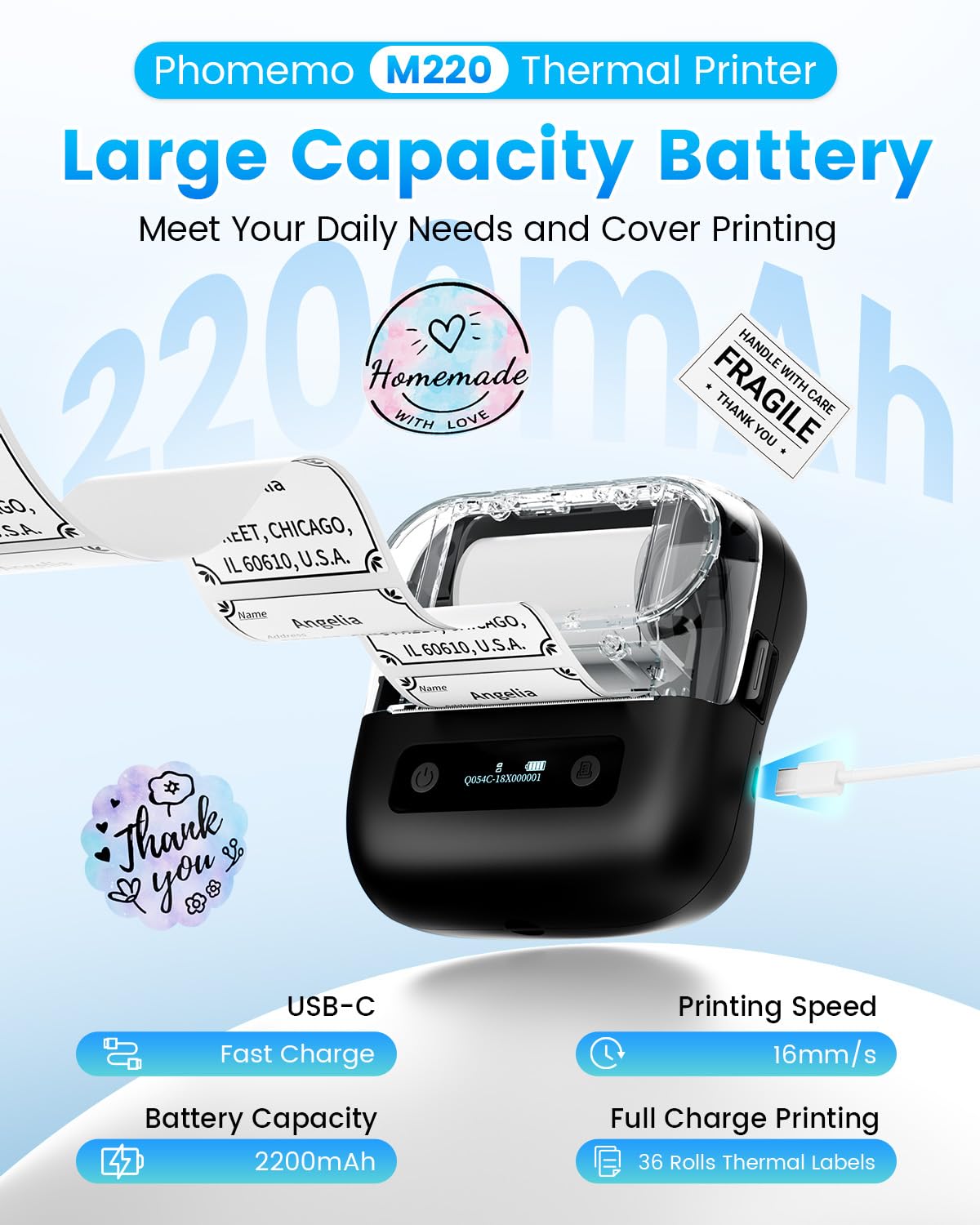 Phomemo Label Maker, M220 Thermal Label Printer, 80mm Portable Bluetooth Barcode Printer Compatible with Andriod/iOS for Home, Office, Small Business, with 3 Packs Label & Case