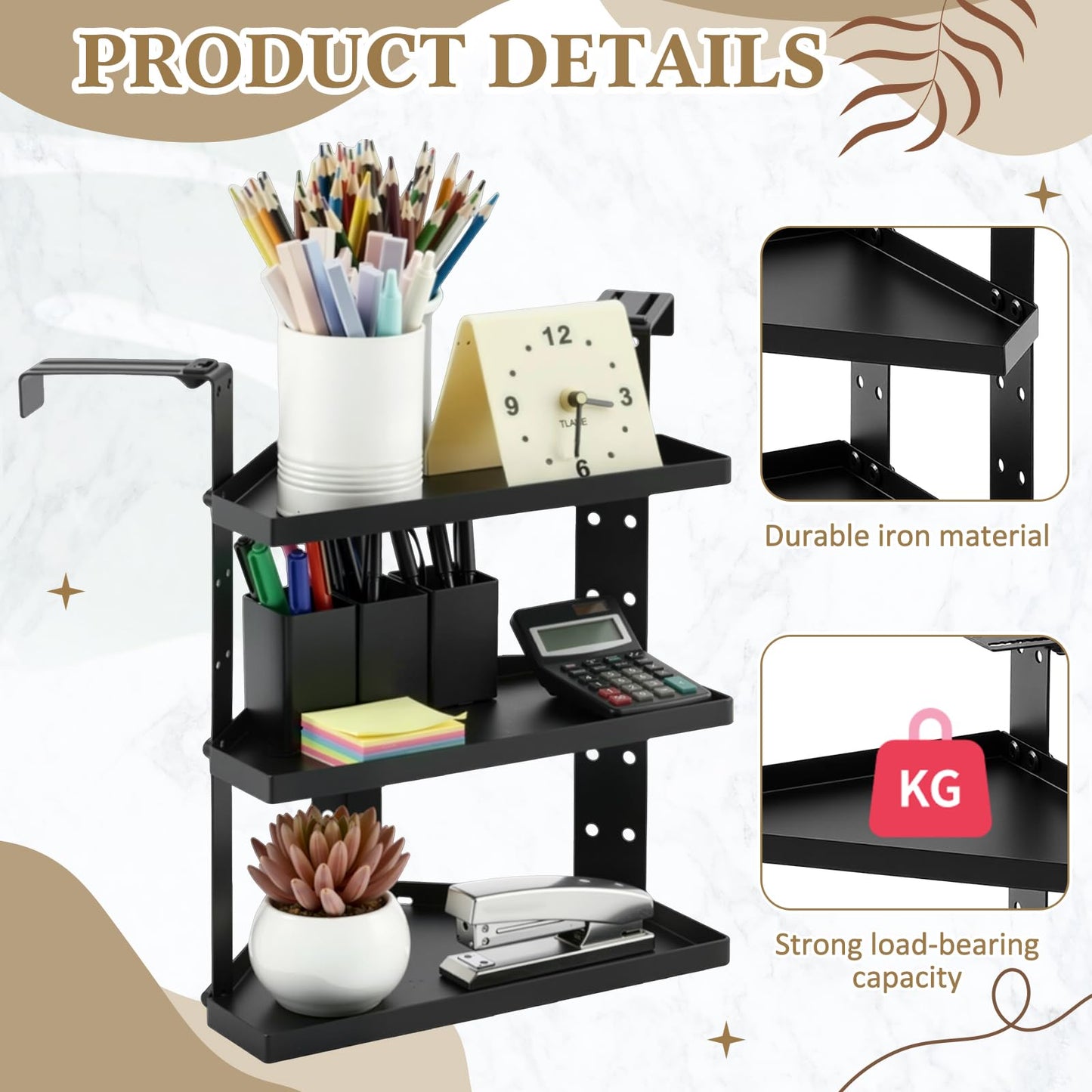 BrightRow 3 Tier Large Cubicle Corner Shelf, Office Cubicle Storage Organizer Accessories, Adjustable Corner Shelf with Hooks