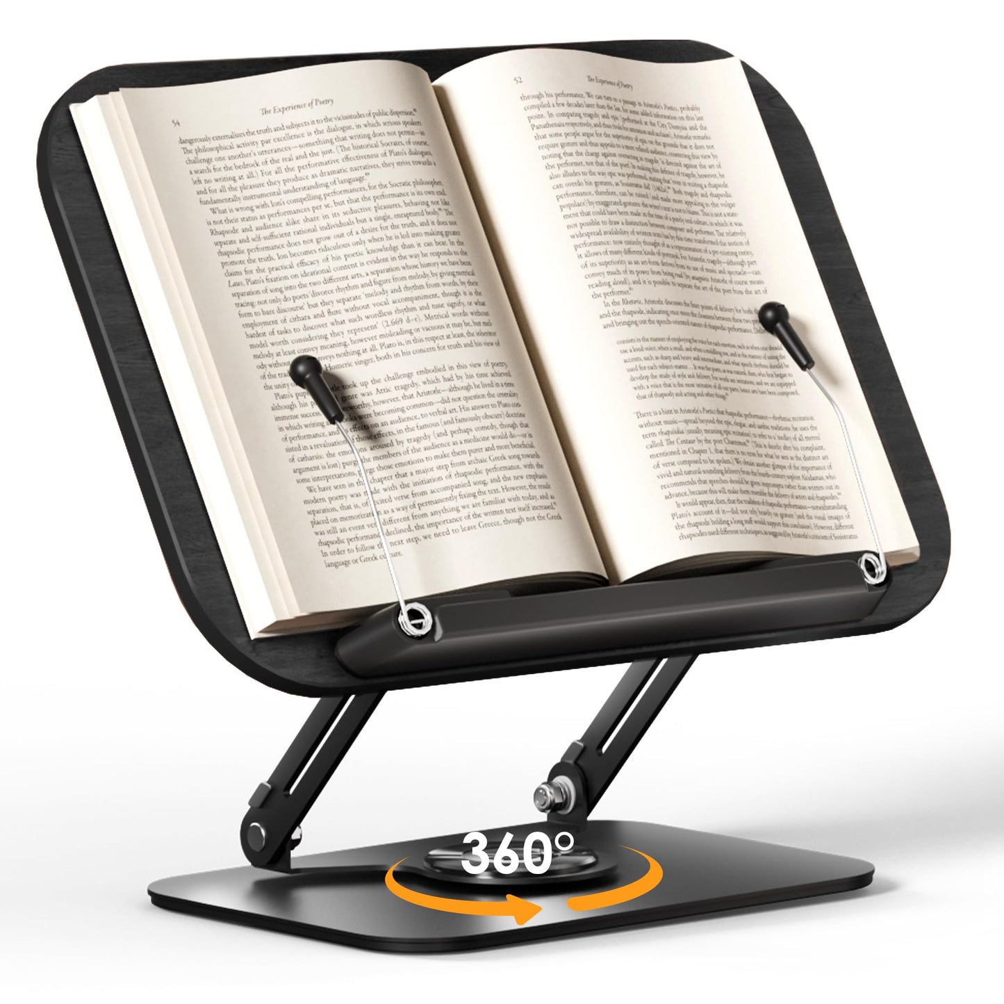 SupeDesk Book Stand for Reading, Adjustable Book Holder with 360° Rotating Bases, Foldable Designs, and Elastic Clips, Multifunctional Display Stand for Recipe, Cookbooks, Magazines, Tablets, Laptops