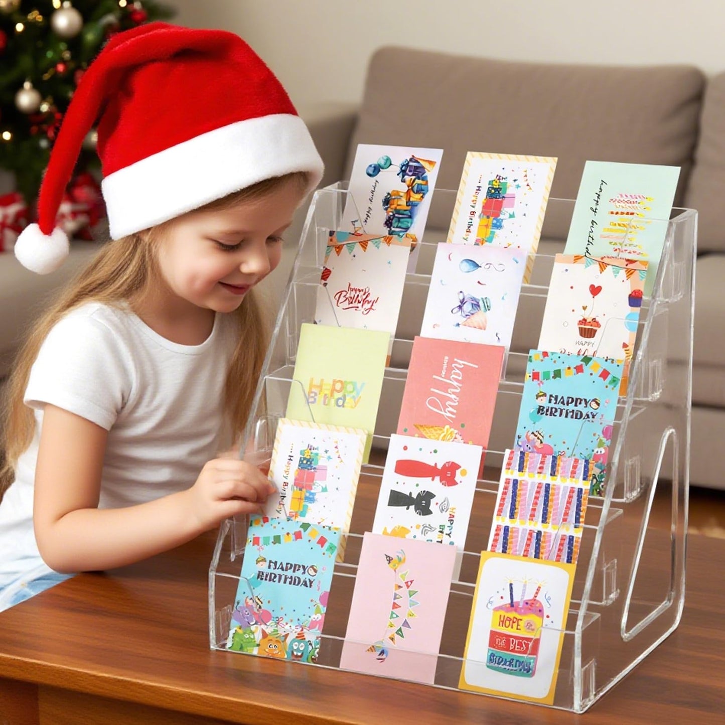 Hlimior 5 Tier Acrylic Card Display Stand(Tall Height), Clear Display Shelf Desktop for Trading Cards, Sports Cards, Greeting Card, Stickers & Brochures, Easy Clip-On Design