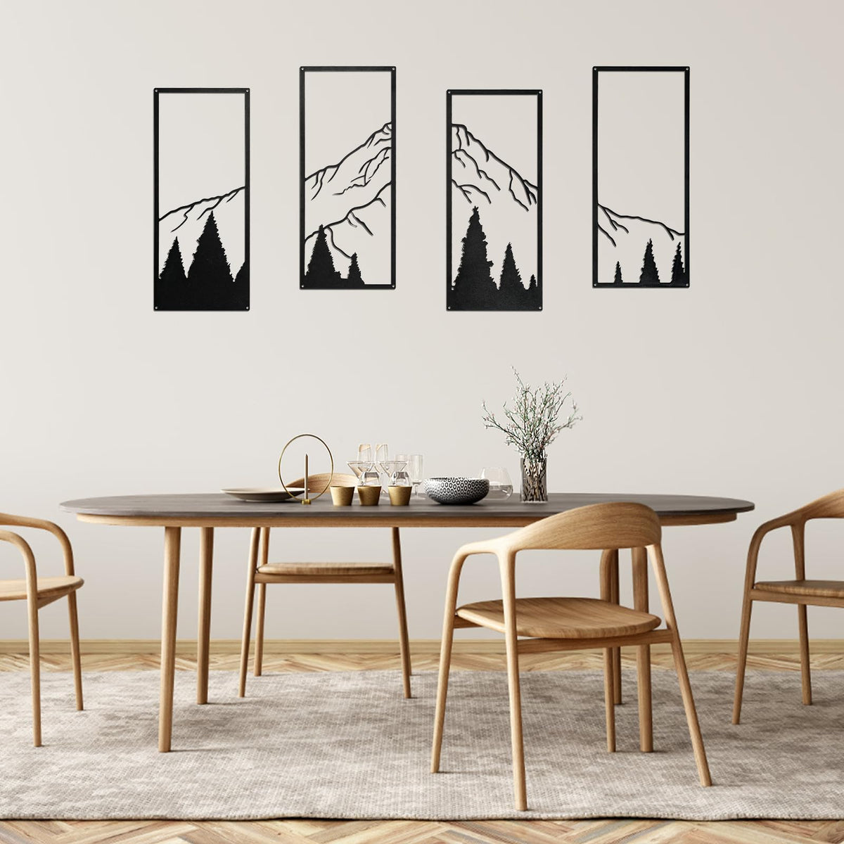 SEISSO 4 Pcs Metal Mountain Wall Art Black Mountain and Forest Wall Decor Line Drawing Metal Wall Sculptures Minimalist Rustic Nature Wall Art Decor for Living Room Office Bedroom Home 17 x 7.5 In