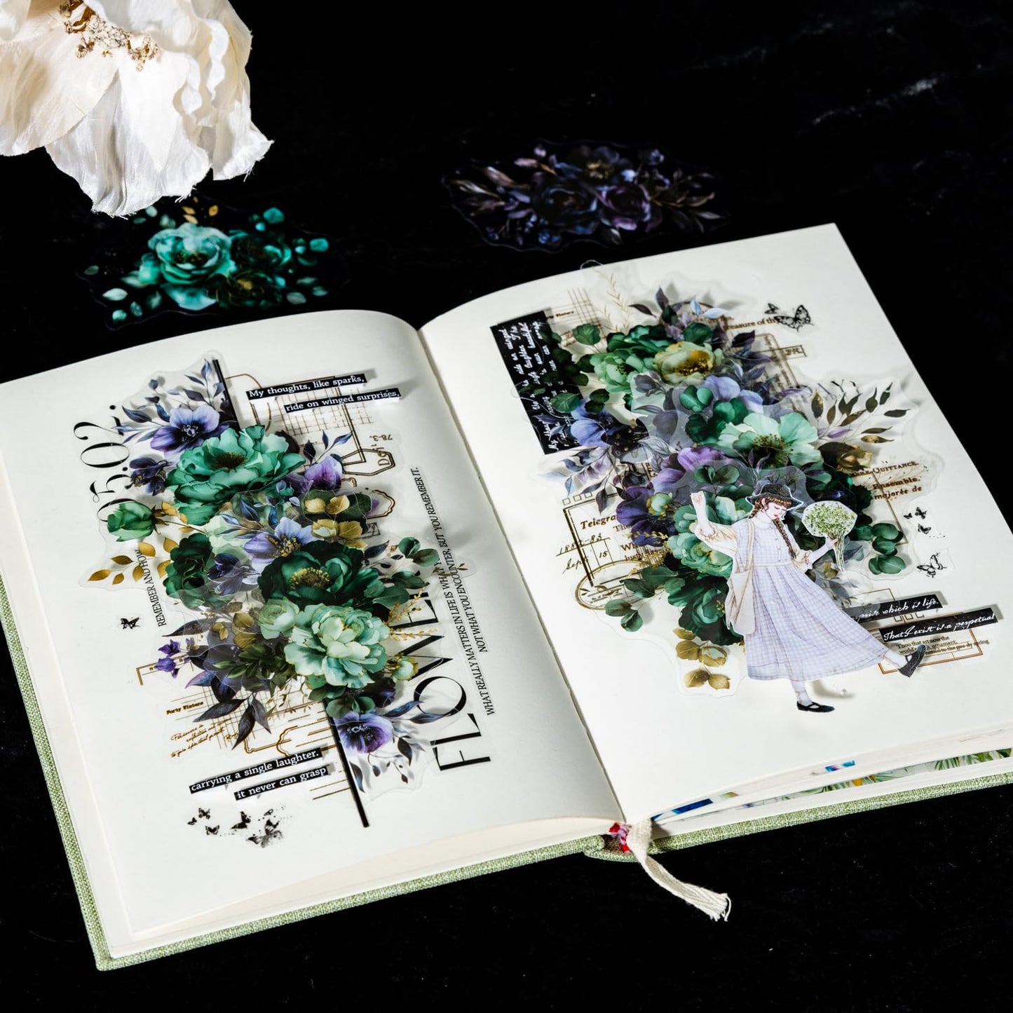 AuriicLeaf Blooming in the Dark Night PET Stickers, 120 Pcs Gothic Dark Floral Stickers for Scrapbooking, Journaling, Collage Supplies, and DIY Crafts