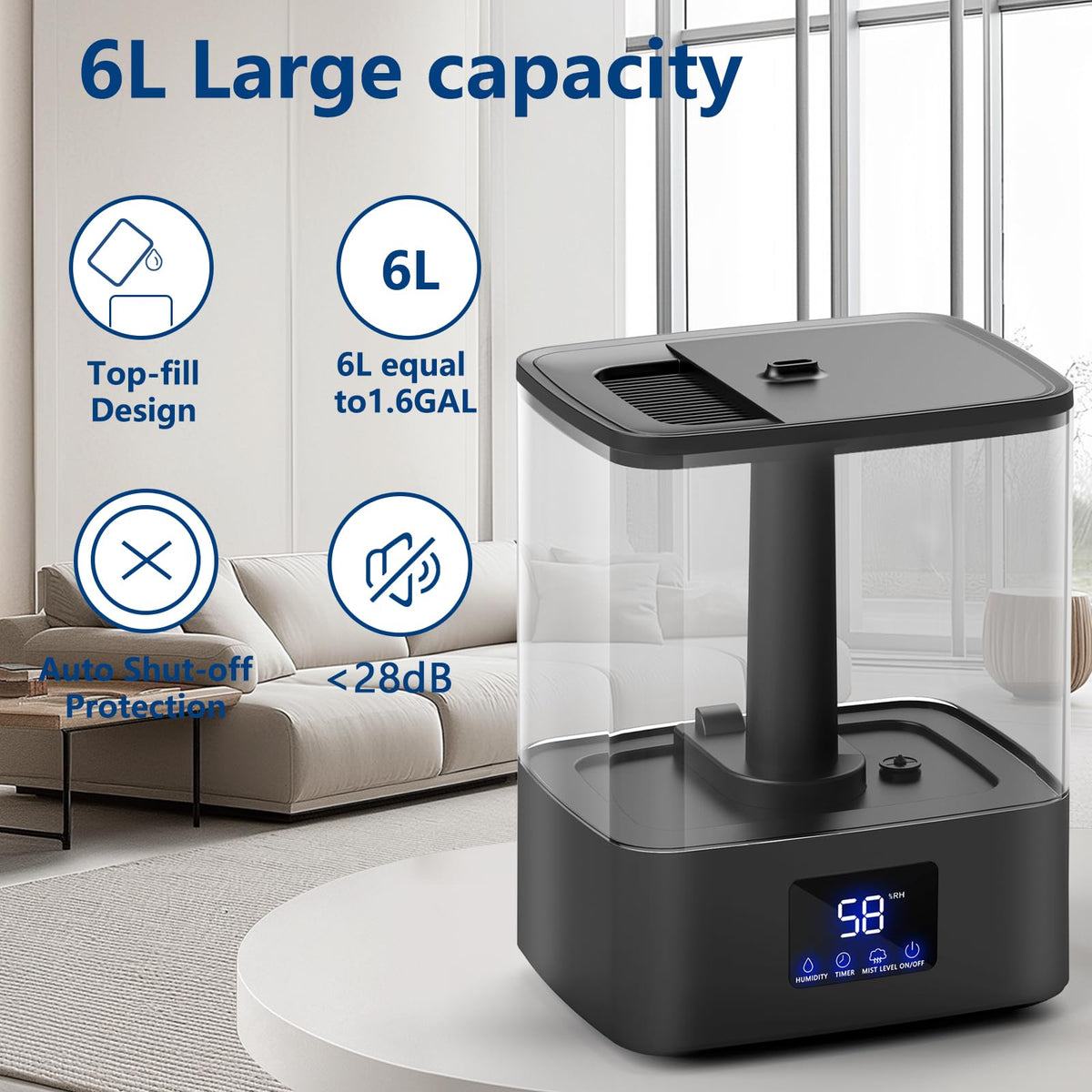 KZF 4L Top Fill Humidifiers for Bedroom & 60H Runtime - Cool Mist Humidifier, 3 Mist Levels, 8H Timer, Essential Oil Tray, Humidity Display, Quiet for Bedroom, Baby, Plants, Large Room (Black, 6L)