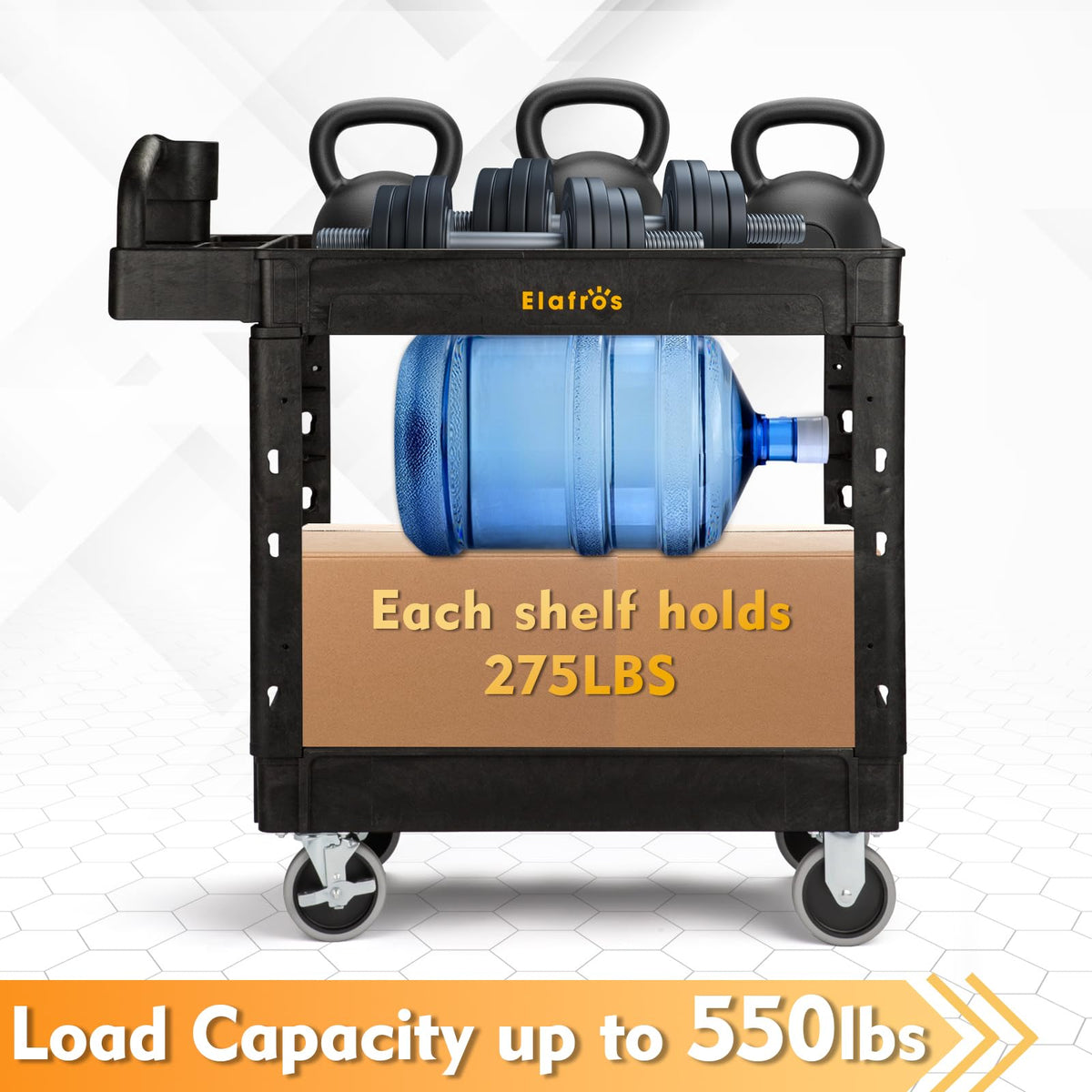 ELAFROS Utility Cart with Ergonomic Handle and Built-in Tool Compartments - 37.5" x 17" Work Cart W/Deep Shelves Safely Holds up to 550 lbs - 2 Tier Rolling Cart,Black