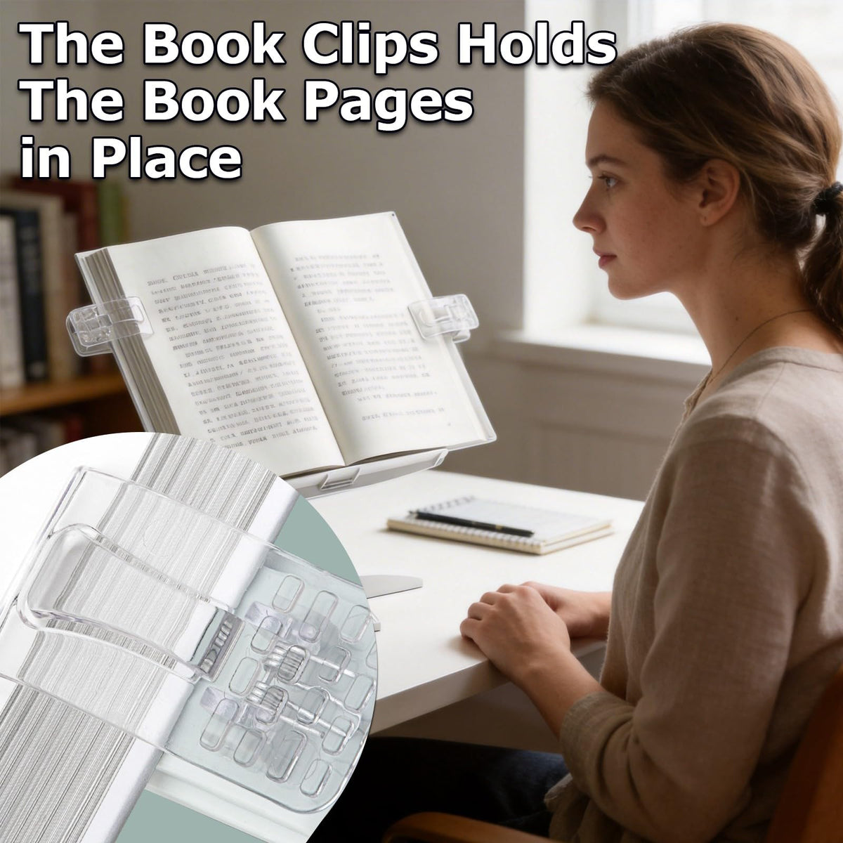 Adjustable Book Stand for Reading,160° Rotating Hands Free Book Stand,Adjustable Height and Angle Recipe Book Holder, with Extendable Page Clips, for Tablet,Laptop,Magazine,Recipe