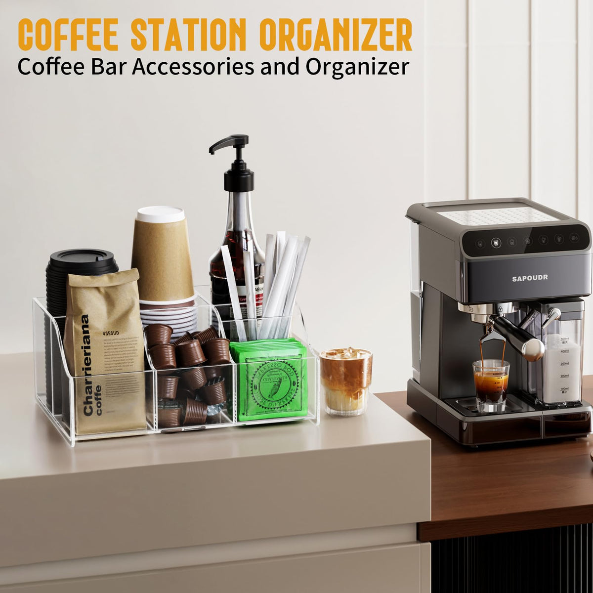 Upitry Acrylic Coffee Bar Organizer Station - Multiple Compartments - Kitchen Bar Tools Storage Rack - Beverage Station Organizer for Coffee Creamer Syrup