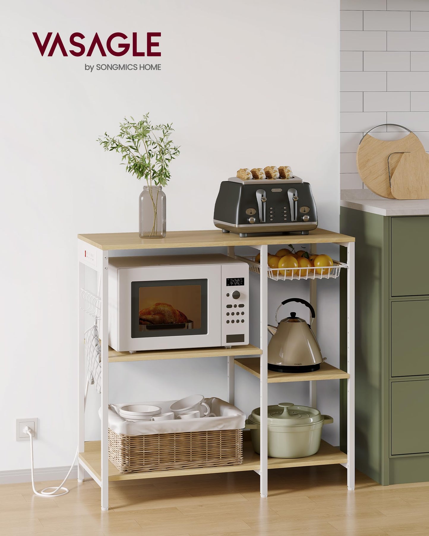VASAGLE Baker's Rack, Coffee Bar Stand with Charging Station, 35.6 Inches Tall, Storage Shelves, Pull-Out Wire Basket, Table for Microwave, Kitchen, Oak Beige and Ink Black UKKS036Y09