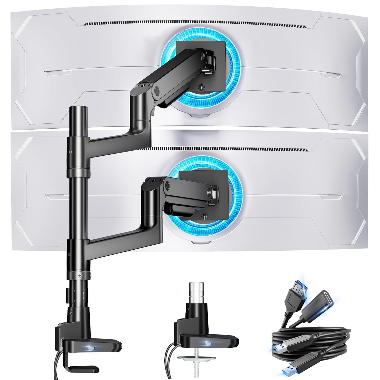 ARES WING Dual Monitor Arm for Ultrawide Heavy Duty Curved Monitor Stacking, Fits 17-49 Inch, Vertical Gas Spring Double Monitor Stand with USB, Adjustable Dual Monitor Mount for Desk, Black