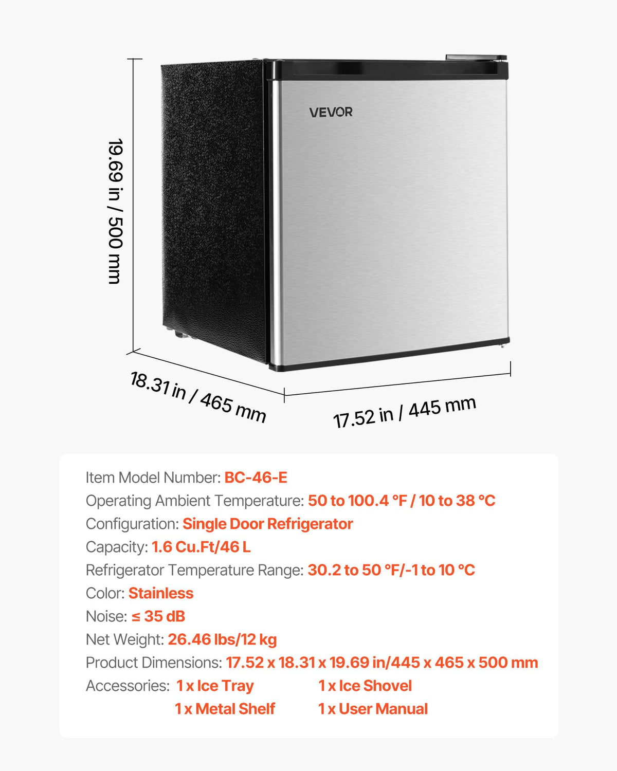 VEVOR Mini Fridge with Freezer, 1.6 Cu.Ft Compact Refrigerator, 7 Mode Adjustable Temperature, Energy Efficient Small Refrigerator, Reversible Door, Low Noise, for Bedroom, Office, Brushed Stainless