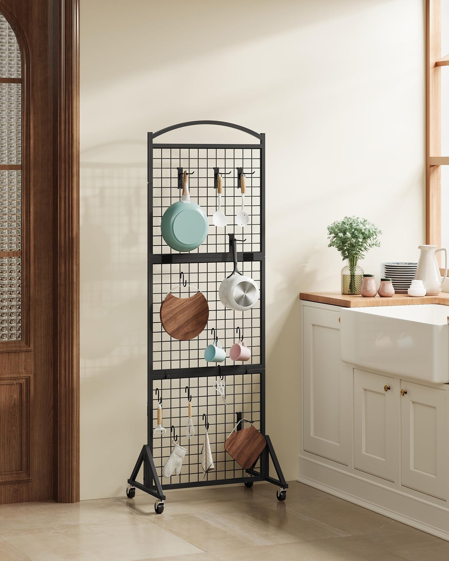 CHOEZON Foldable Grid Wall Panel 1.9' x 5.6' FT, Movable Gridwall Display Rack, Wire Grid Rack on Wheels, Retail Display Stand, with 4 S-Shaped Hooks and 4 Garment Hooks, Black TCJ37BB